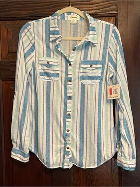 Striped Button-Up Shirt in Aqua & White